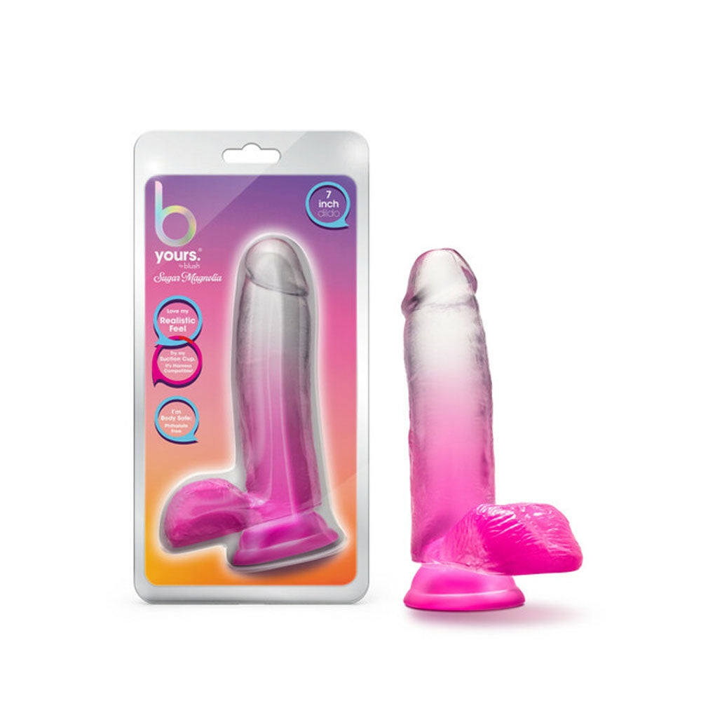 Fuchsia gradient 7-inch realistic suction cup dildo on its Blush packaging.