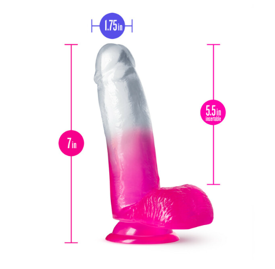 7-inch realistic fuchsia gradient suction cup dildo with measurements.