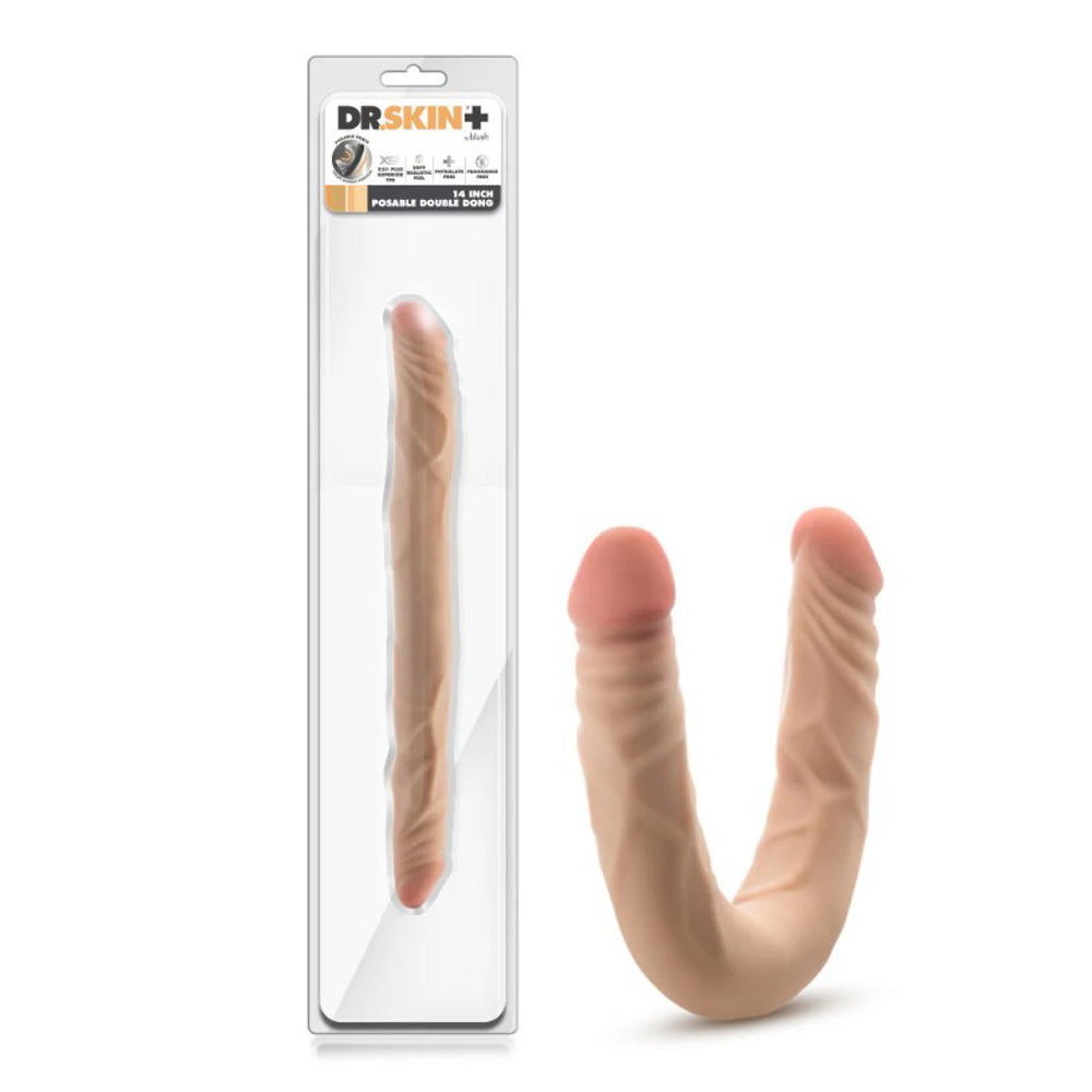 Posable 14-inch realistic TPE double dong in flesh tone, shown in packaging and flexed.