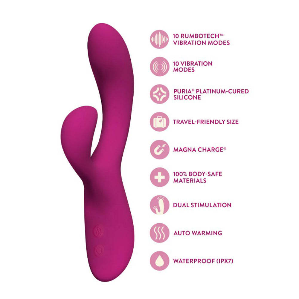 A pink rabbit vibrator with dual stimulation, 10 vibration modes, and auto warming.