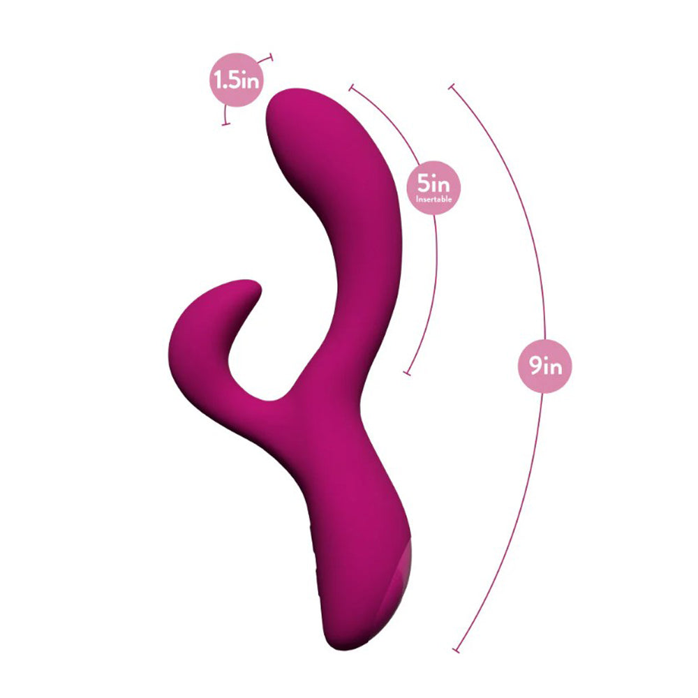 A pink rabbit vibrator with measurement indicators for its size.