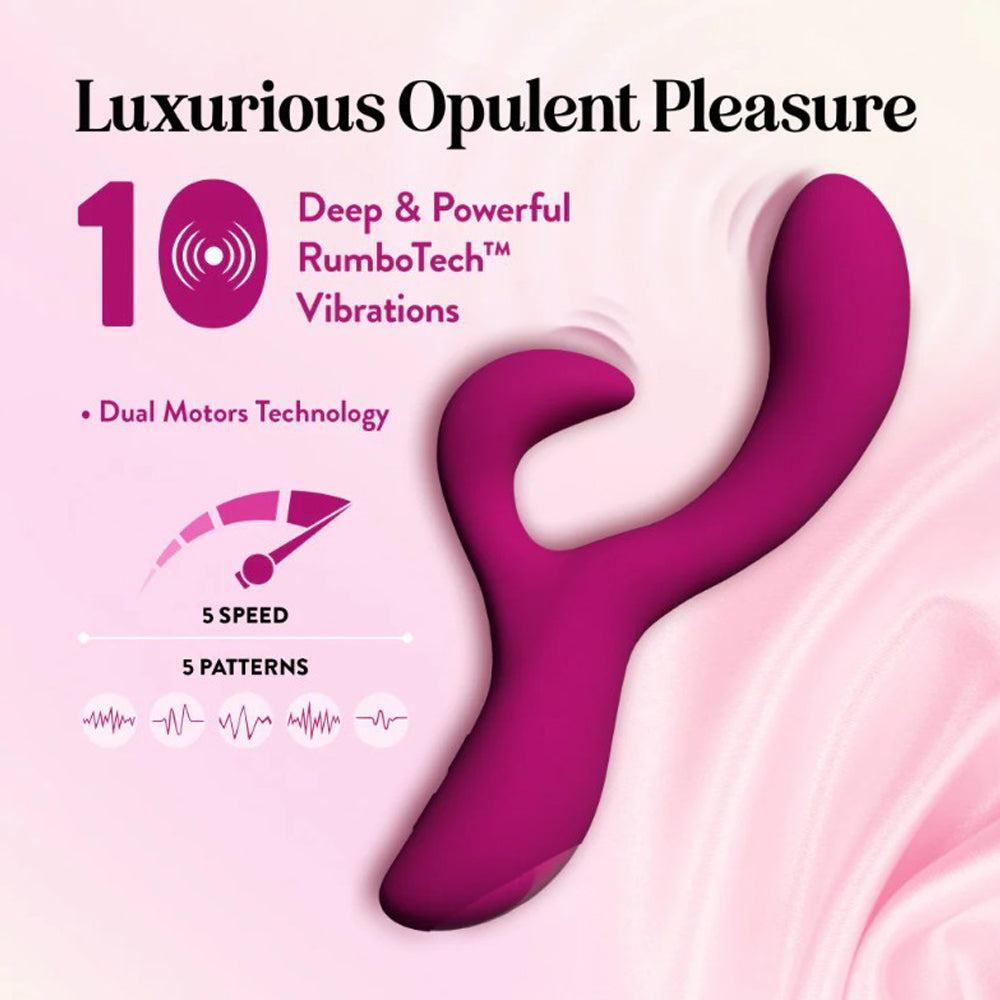 A pink rabbit vibrator with dual motors, 10 vibration modes, and dual stimulation.