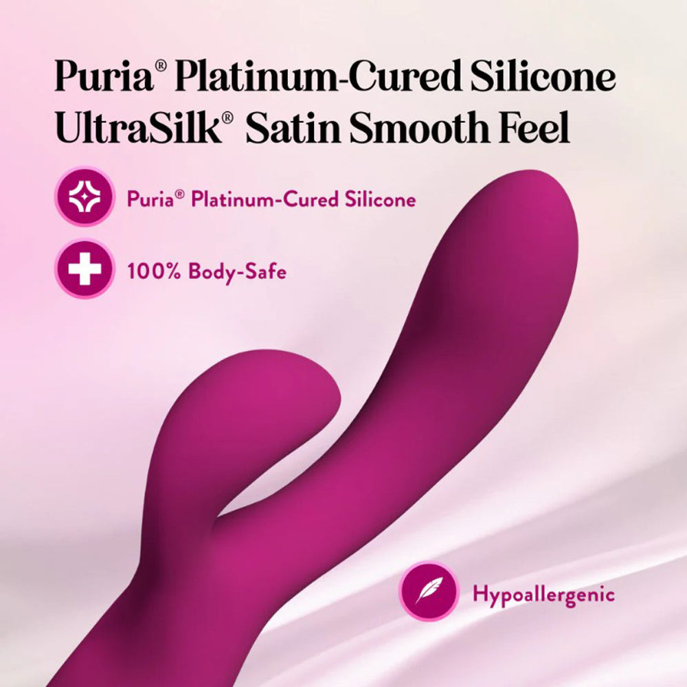 A pink rabbit vibrator made of platinum-cured silicone with a satin smooth feel.