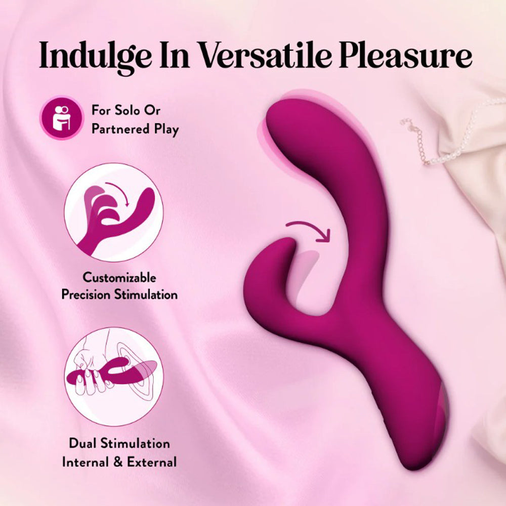 A pink rabbit vibrator with customizable stimulation for solo or partnered play.