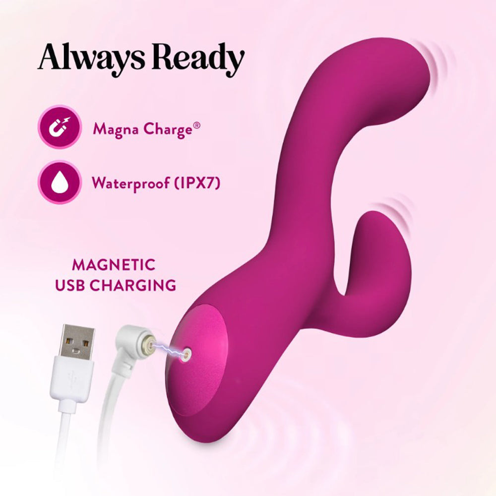 A pink rabbit vibrator with magnetic USB charging and waterproof rating.