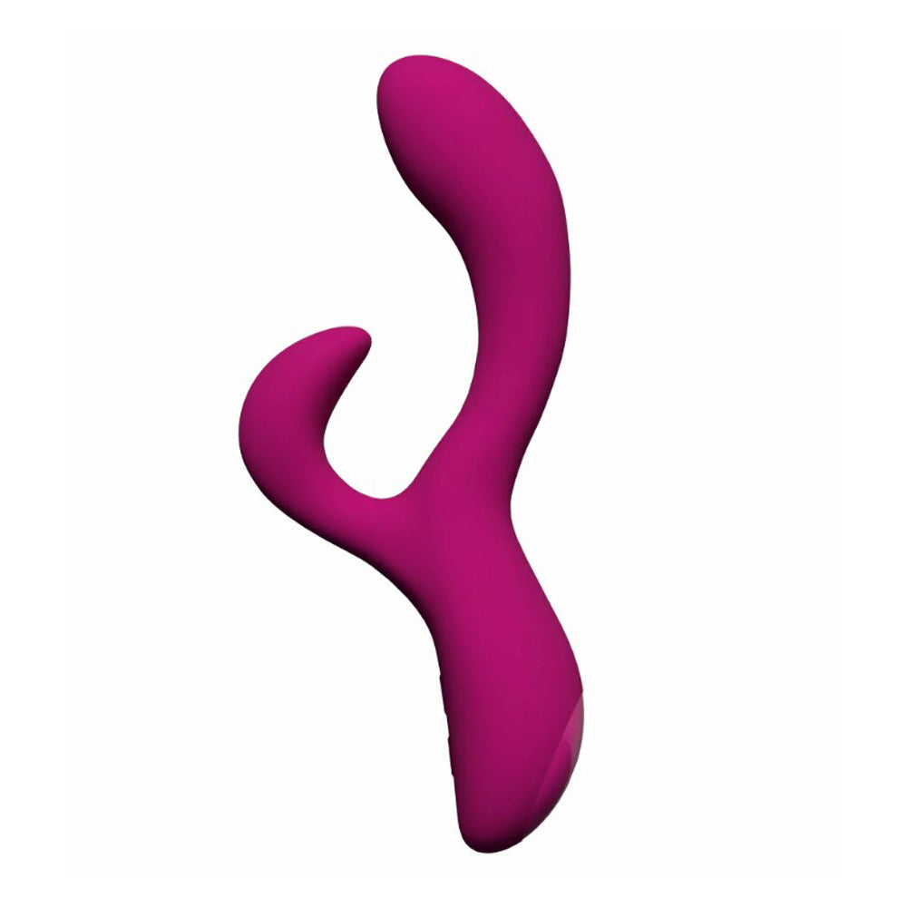 A pink rabbit vibrator with a curved shaft and clitoral stimulator.