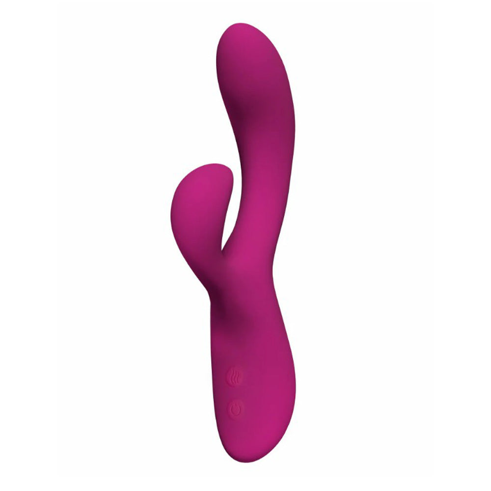A pink rabbit vibrator with dual stimulation and two buttons on the base.