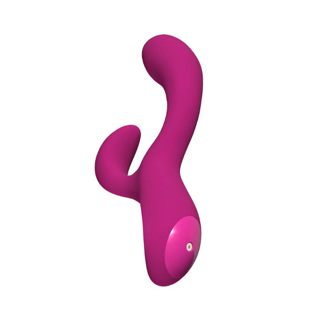 A pink rabbit vibrator with a curved shaft and a circular button.