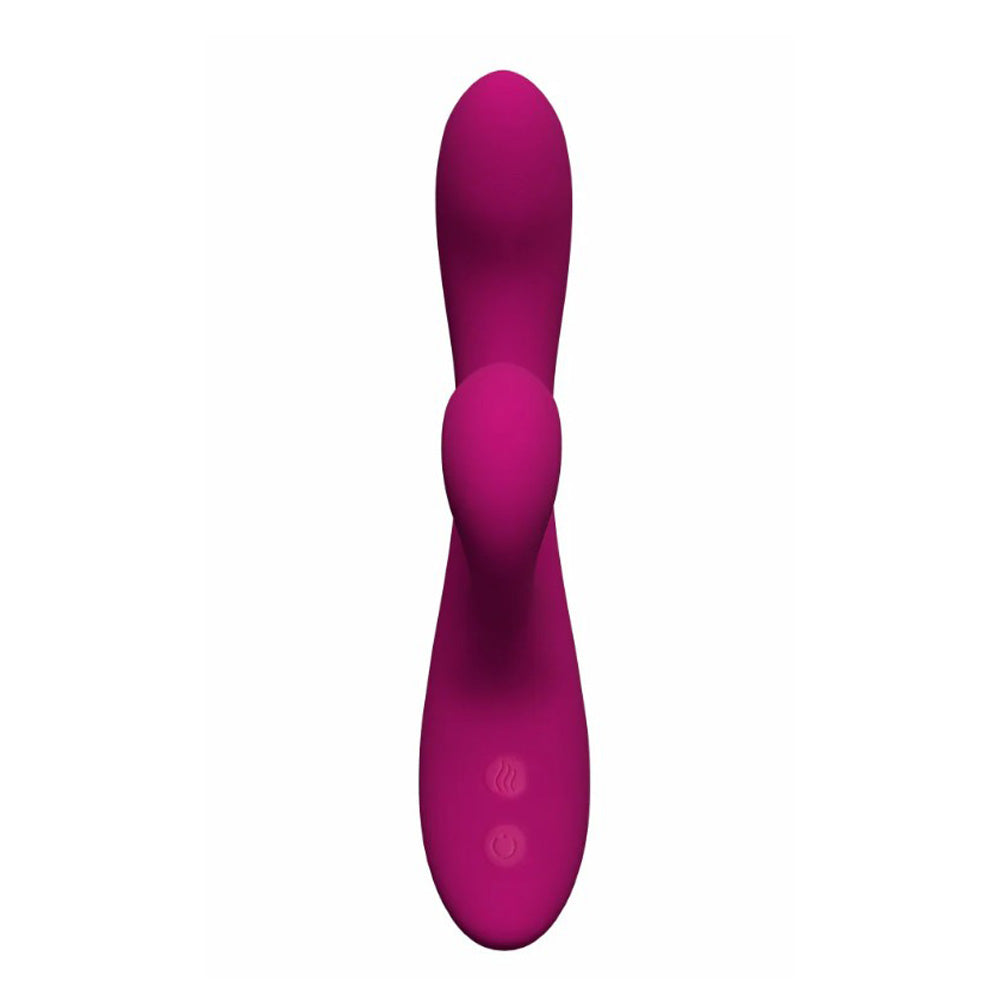 A pink rabbit vibrator with dual stimulators and two buttons on the base.