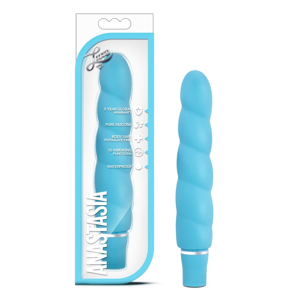 Aqua Anastasia waterproof silicone vibrator with ribbed texture.