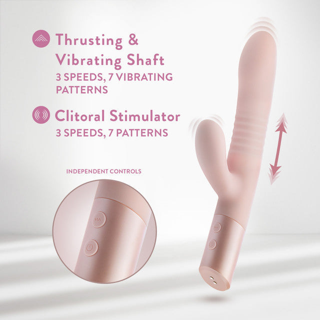 A blush pink rabbit vibrator with a thrusting shaft and clitoral stimulator.