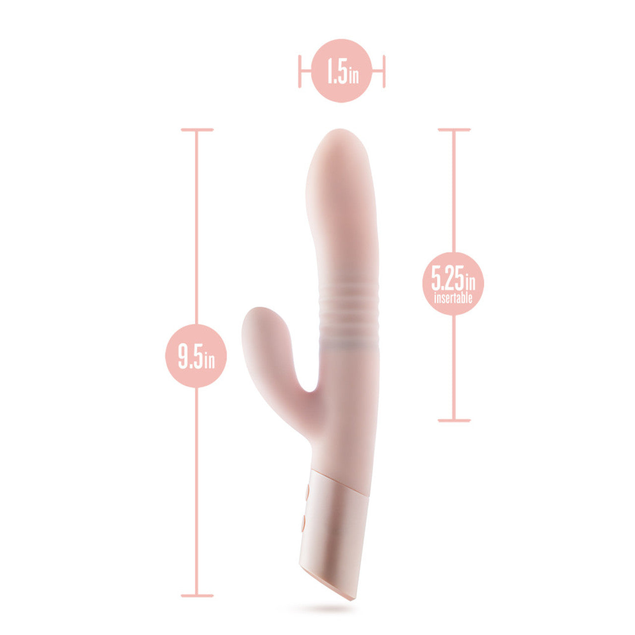 A blush pink rabbit vibrator with dimensions indicated.