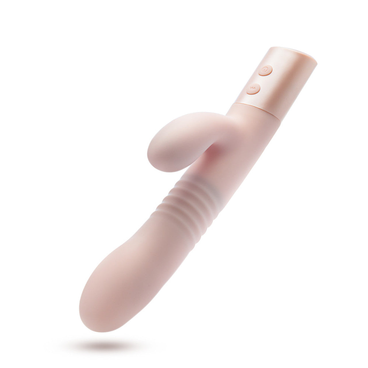 A blush silicone rabbit vibrator with a curved tip and ribbed shaft.