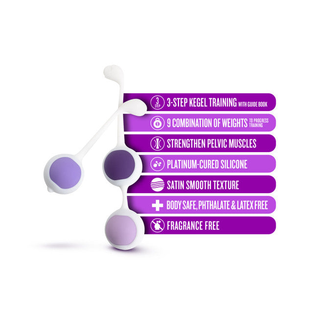 Silicone Kegel training kit with three weighted balls and a list of features.