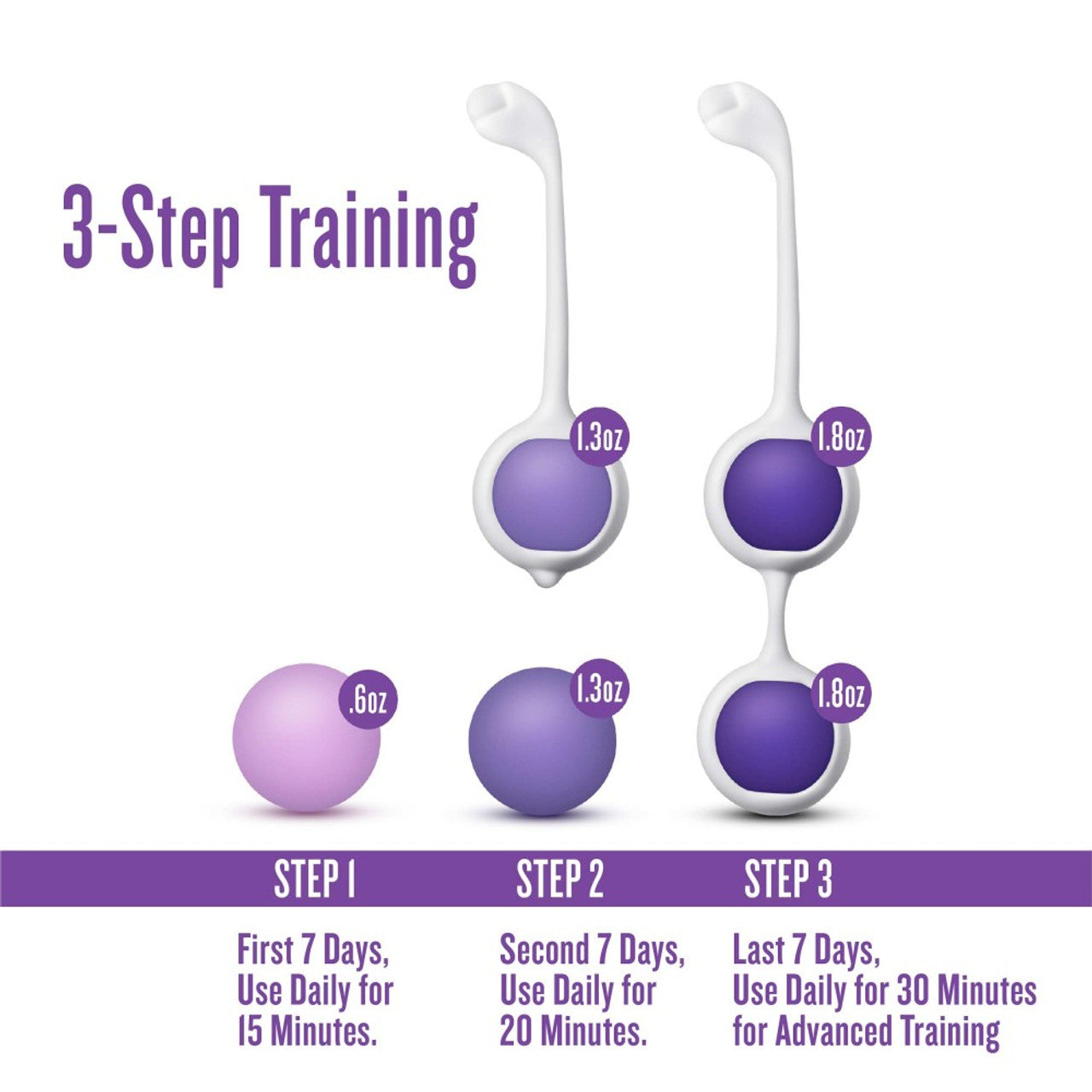 A 3-step training kit with three weighted silicone balls for pelvic floor exercises.