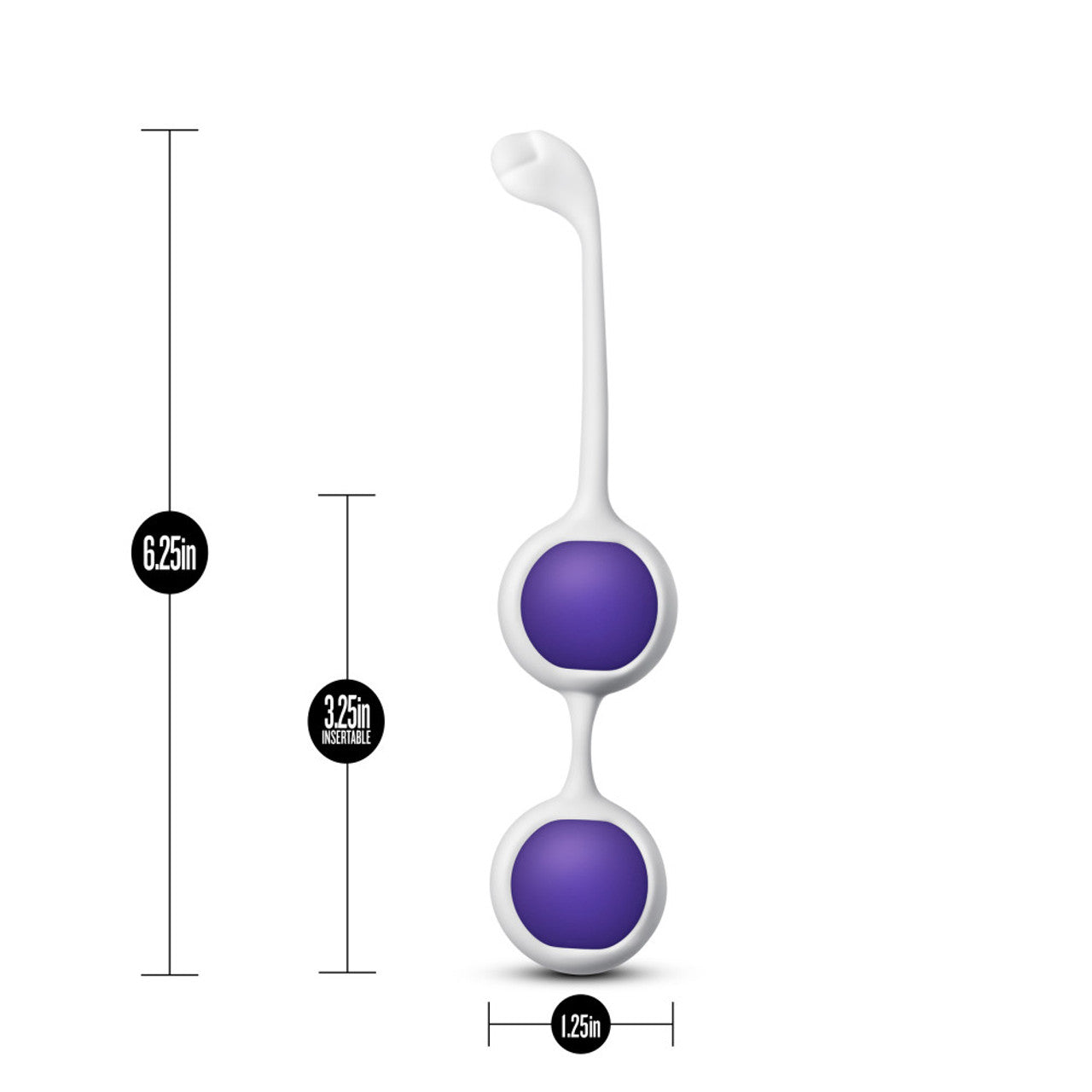 Silicone kegel balls with dimensions indicated.