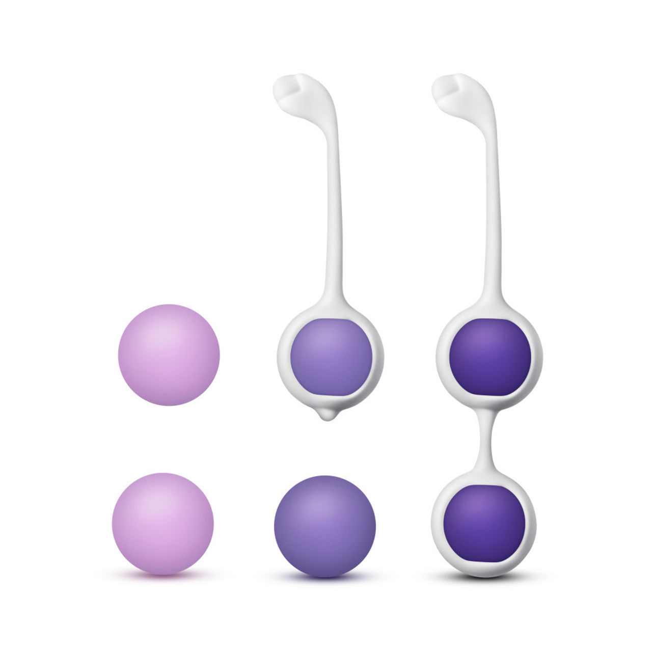Silicone Kegel balls in purple and pink, with and without handles.