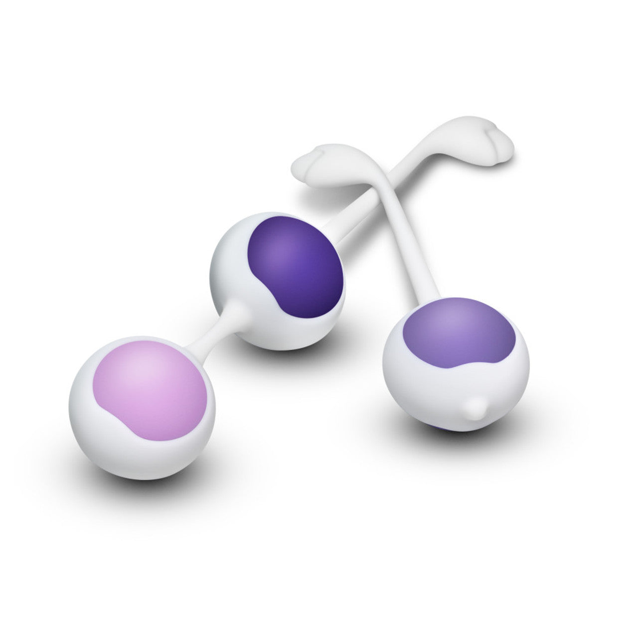 Two white silicone kegel balls with purple and pink inserts on a white background.