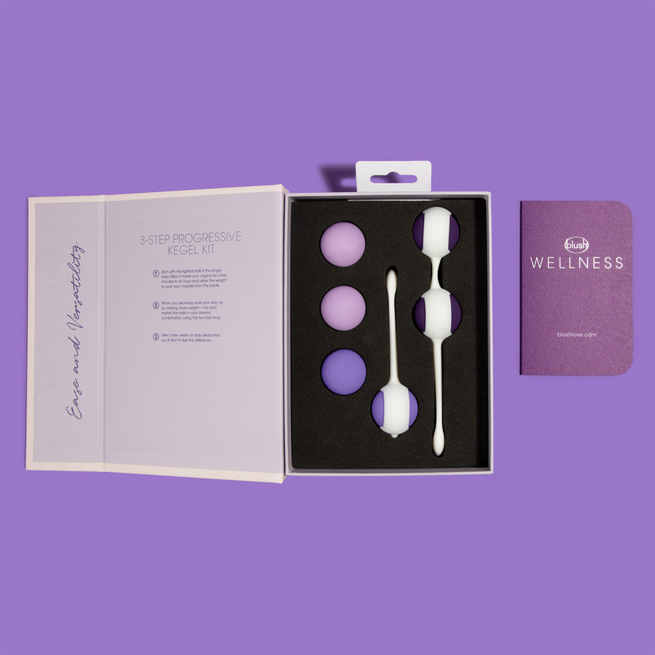 Silicone Kegel training kit with three purple weights and two white exercisers.