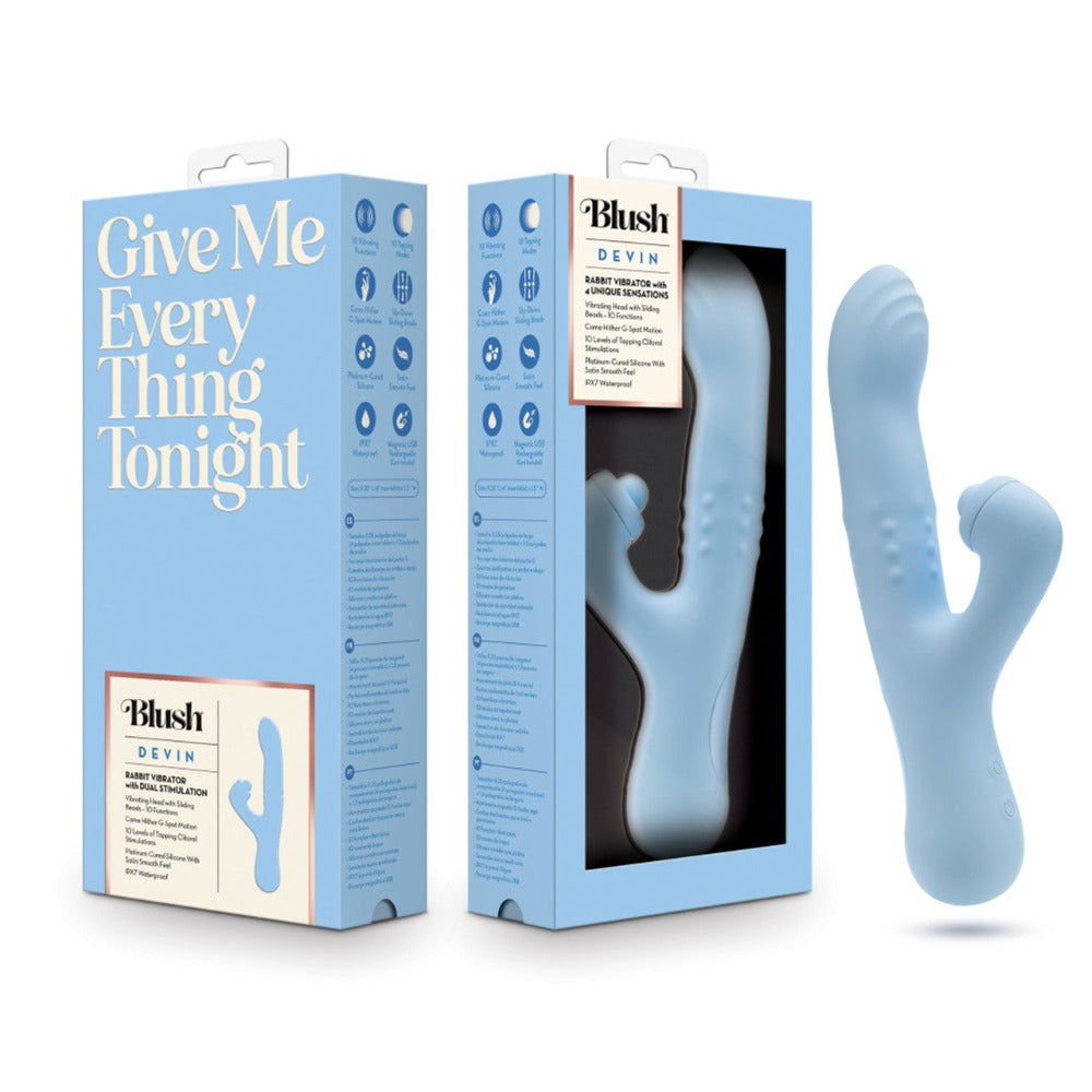 A light blue rabbit vibrator with dual stimulation features.