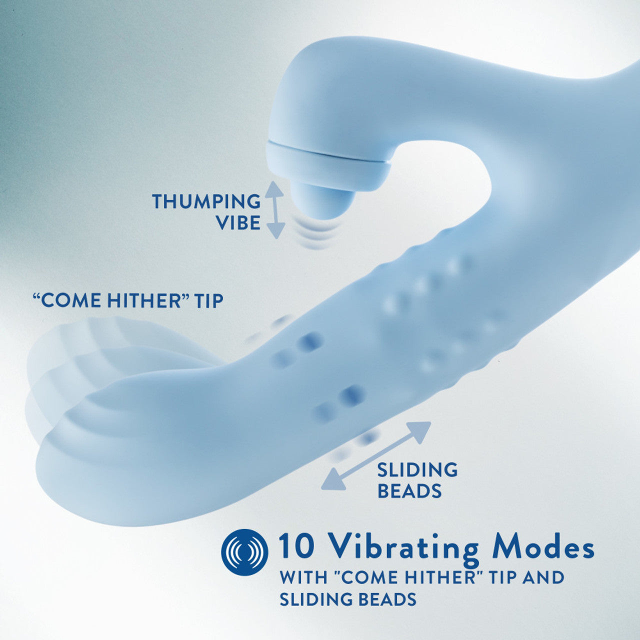 A light blue vibrator with a curved shaft featuring sliding beads and a "come hither" tip.
