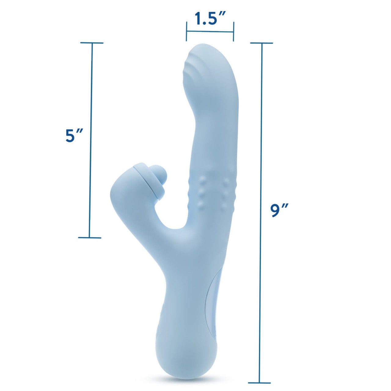 A light blue Devin Rabbit vibrator with dimensions indicated.