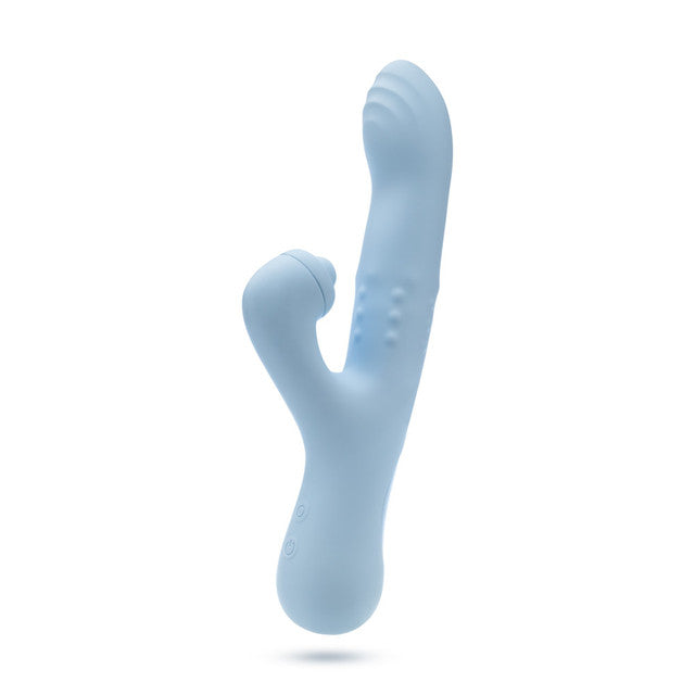 A light blue rabbit vibrator with textured beads and a curved tip.