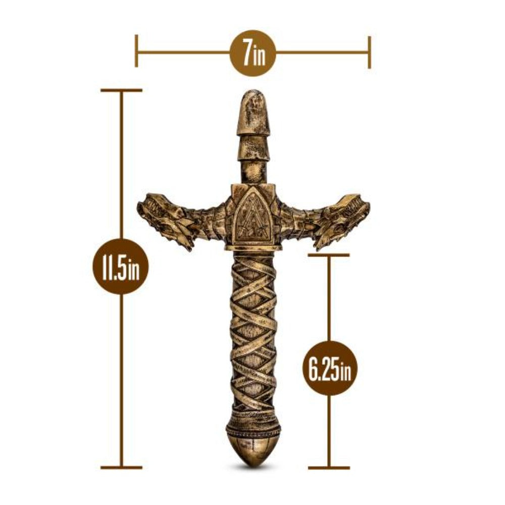 Bronze dragon sword handle with dimensions 11.5in, 7in, and 6.25in.