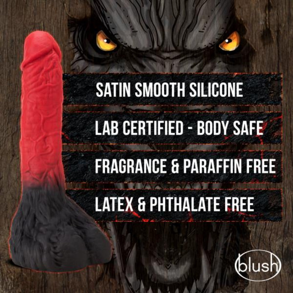 Red and black werewolf dildo with text about silicone and safety.