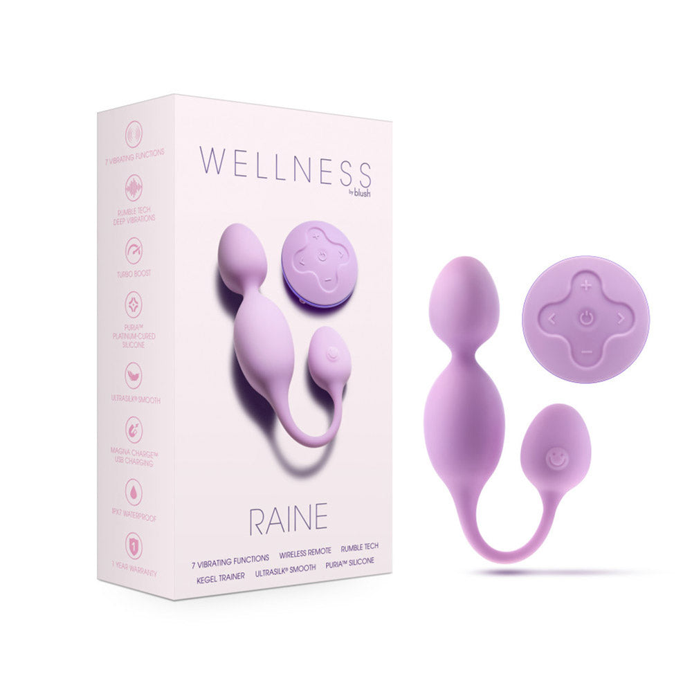 A purple remote-controlled vibrating Kegel trainer with a remote and charging cable.