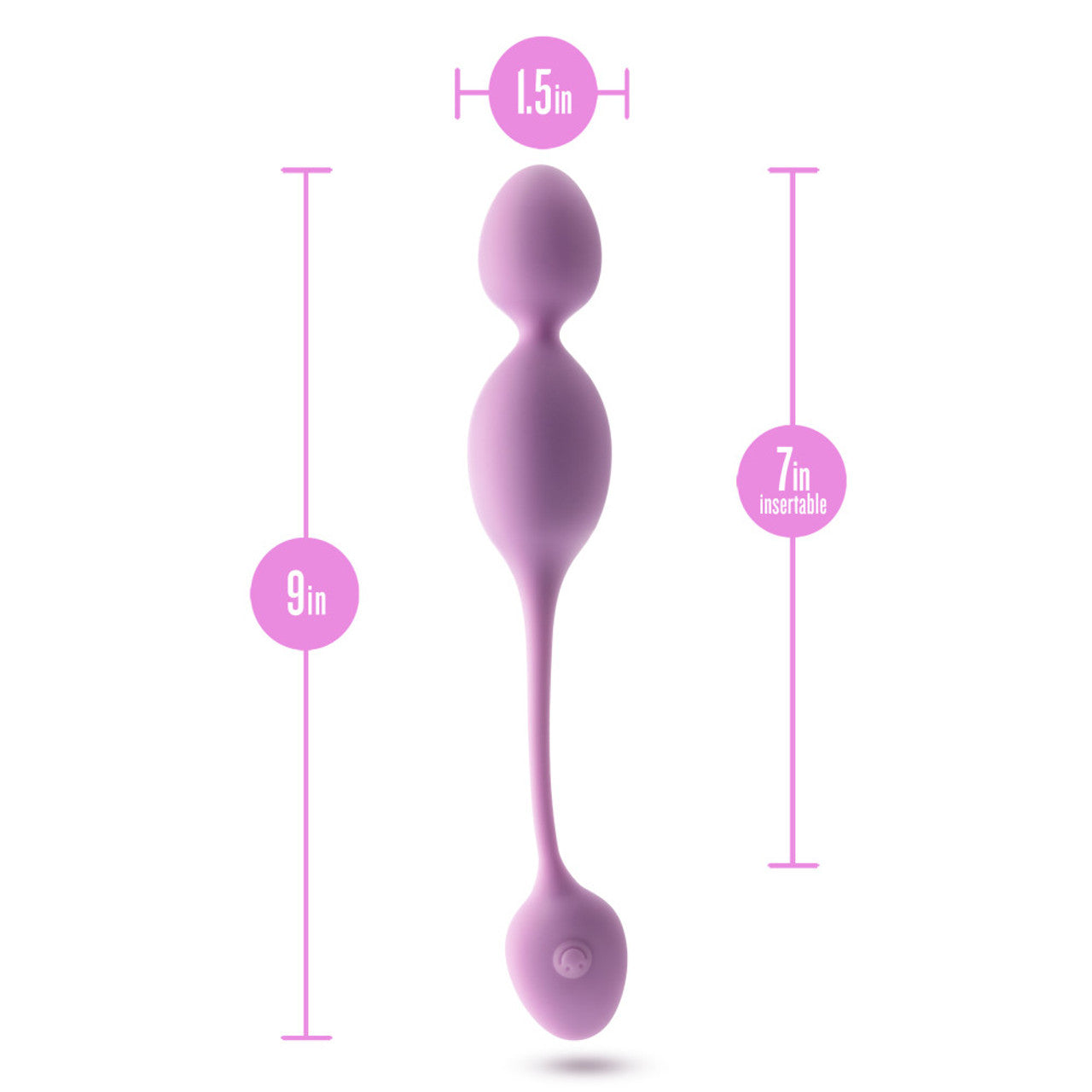 A purple vibrating kegel ball with size indicators.