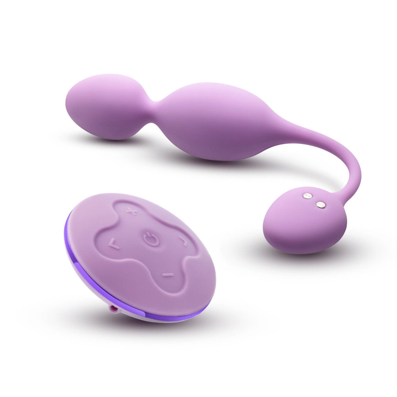 A purple remote-controlled vibrating Kegel ball with a curved tail and a separate remote.
