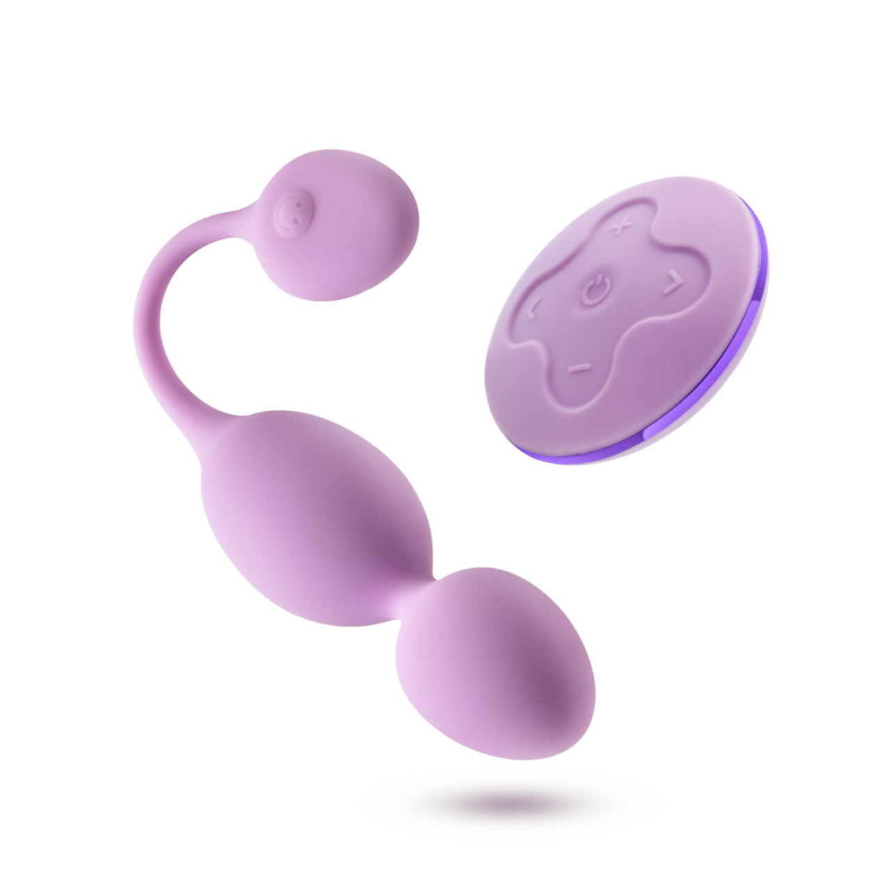 A purple remote-controlled vibrating Kegel ball with a curved neck and two bulbous ends.
