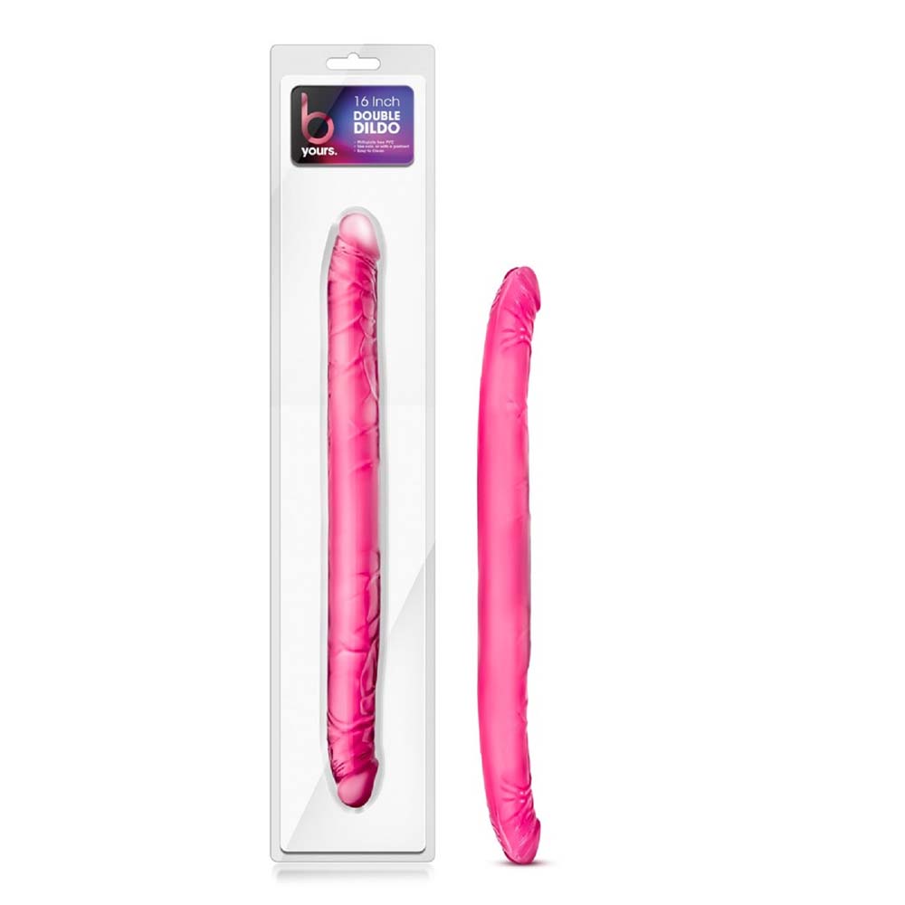 A pink 16-inch double dildo in packaging and displayed separately.