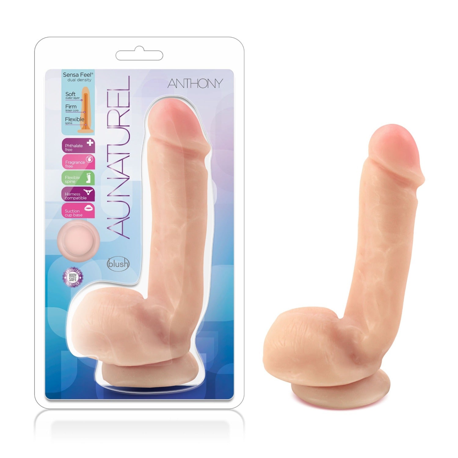Beige Anthony dual density suction cup dildo with realistic veined shaft and balls on packaging.