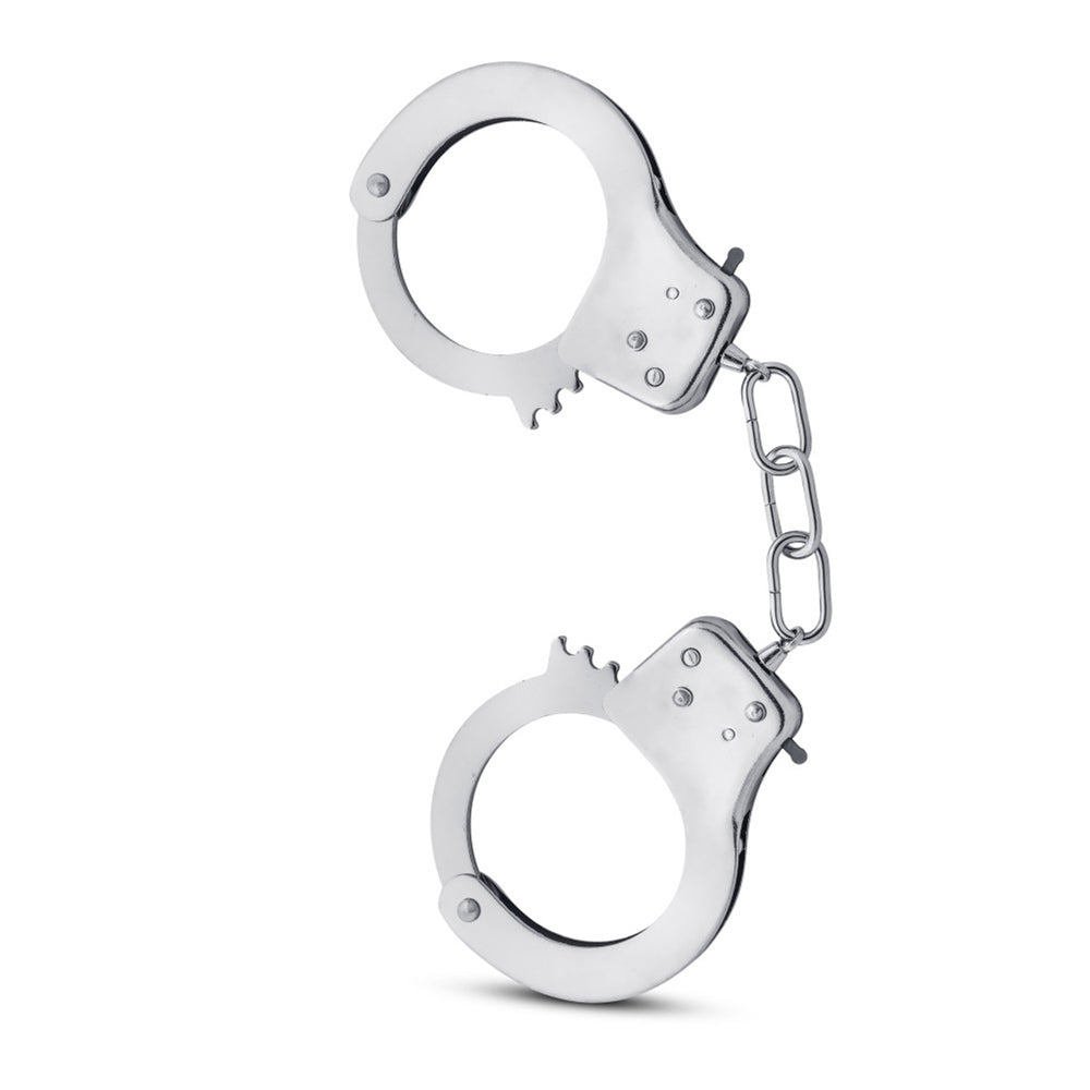Stainless steel beginner handcuffs with safety release and chain.