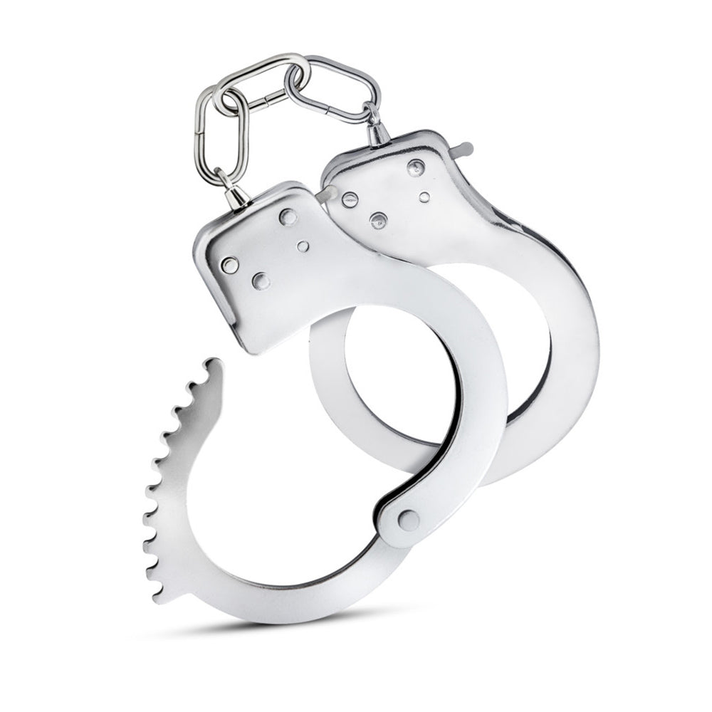 Stainless steel beginner handcuffs with a safety release.