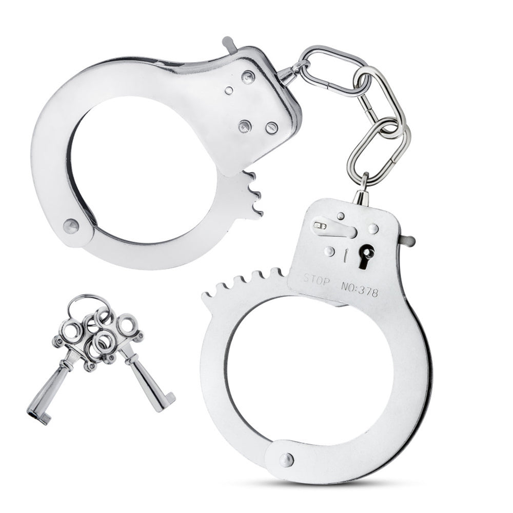 Stainless steel handcuffs with two keys and a safety release.