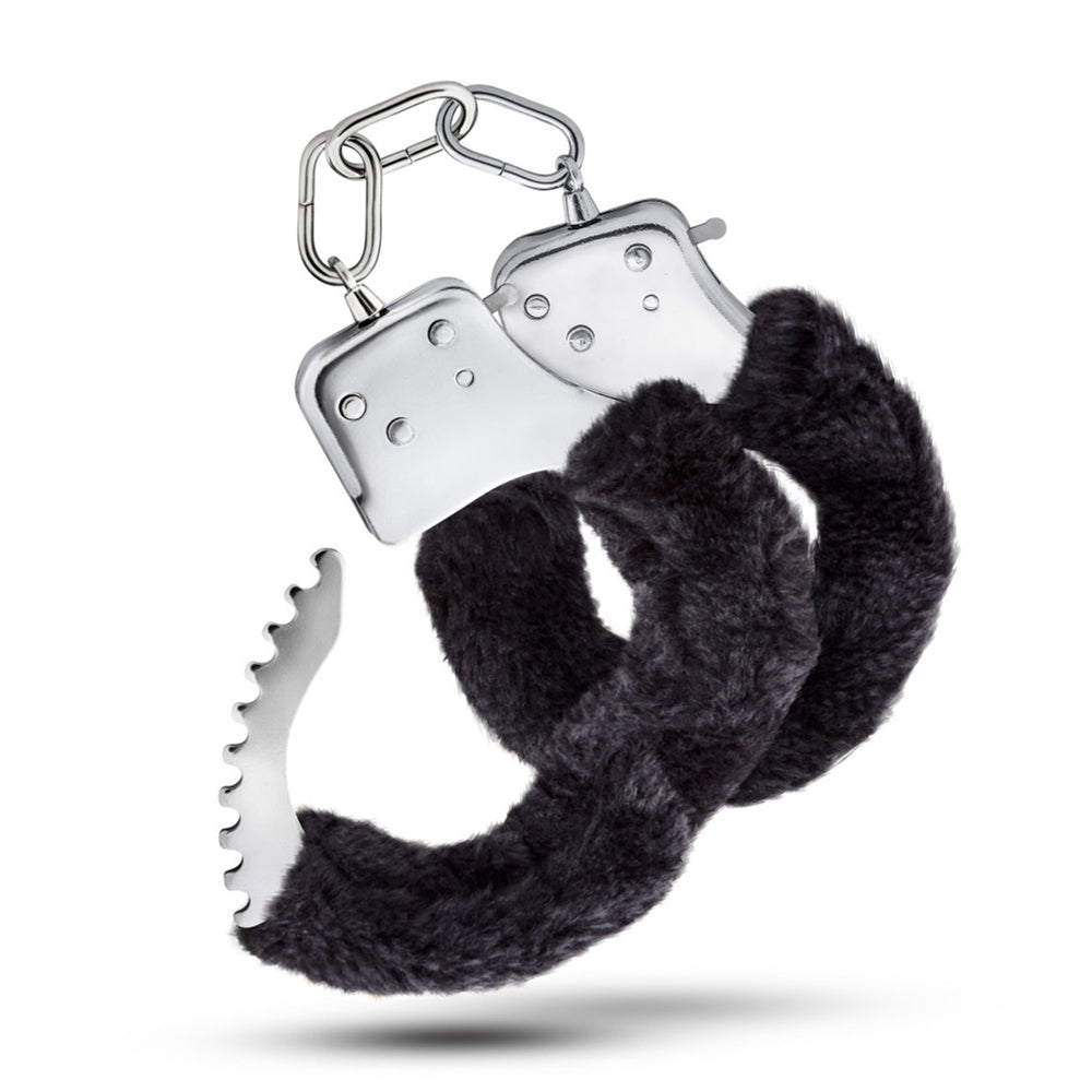 Stainless steel beginner handcuffs with black faux fur lining.