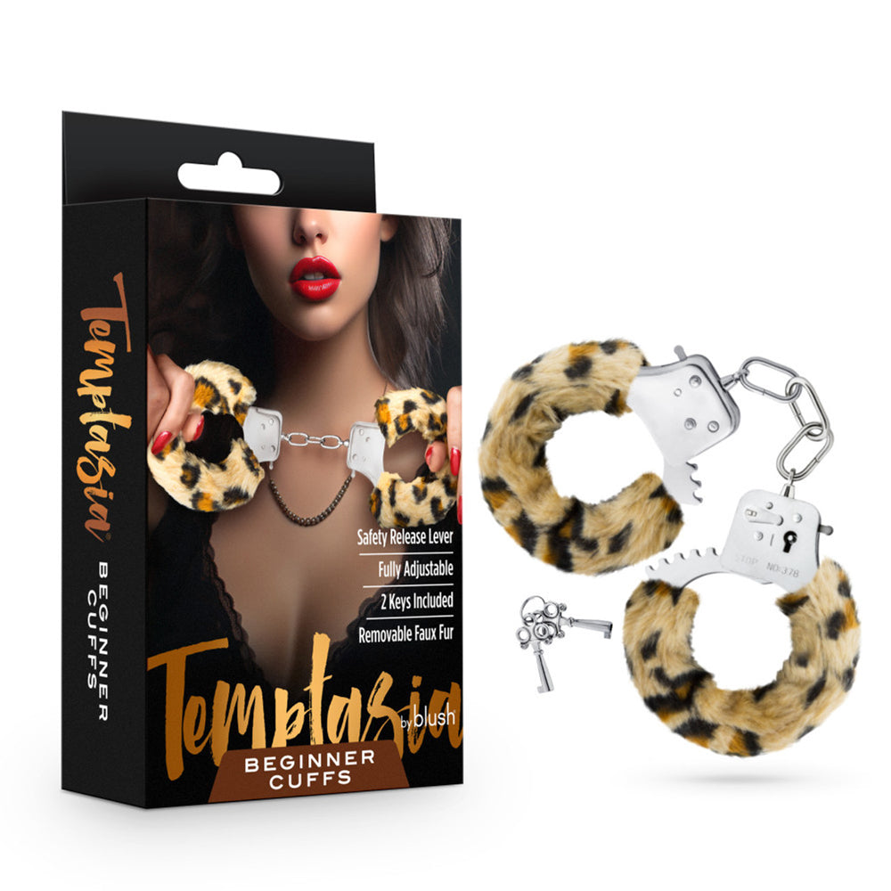 Leopard faux fur bondage cuffs with two keys and a safety release lever.