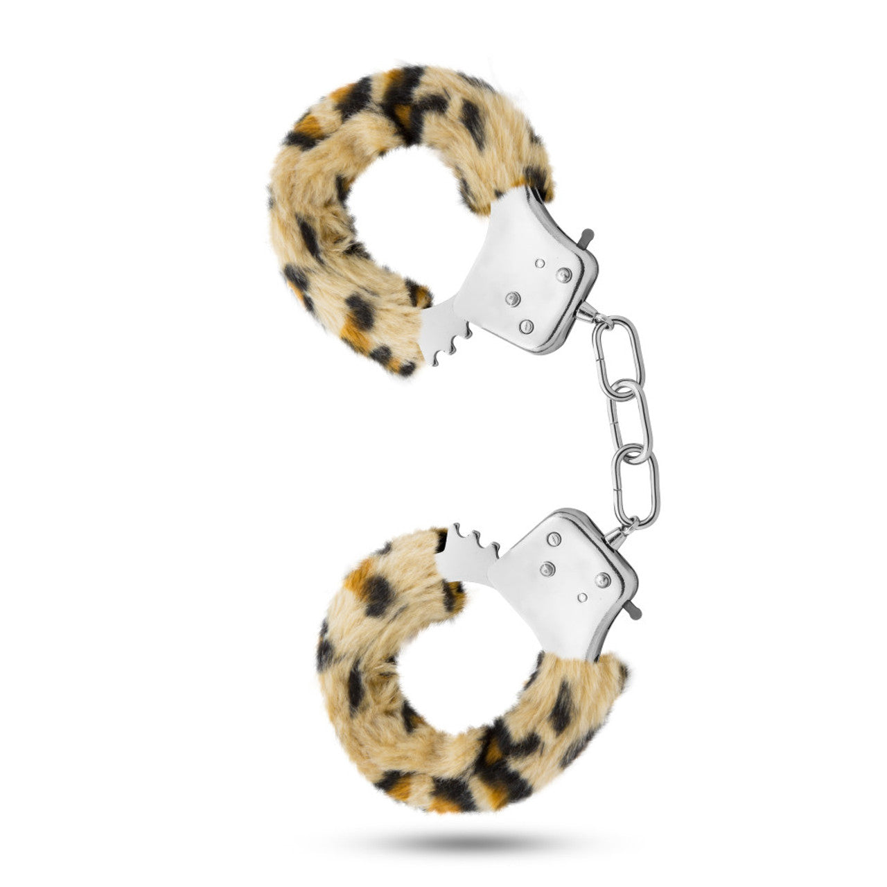 Leopard faux fur bondage cuffs with metal chain and locking mechanism.