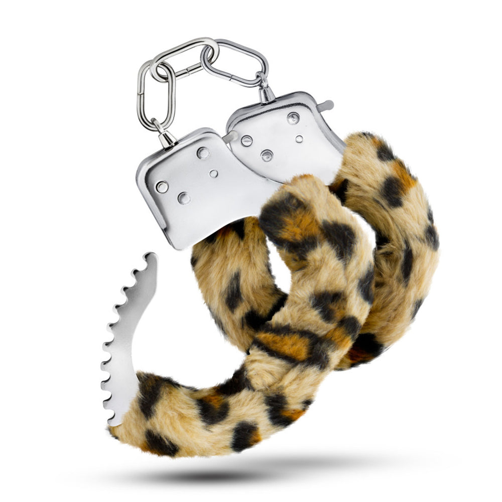 Silver handcuffs with leopard faux fur lining.