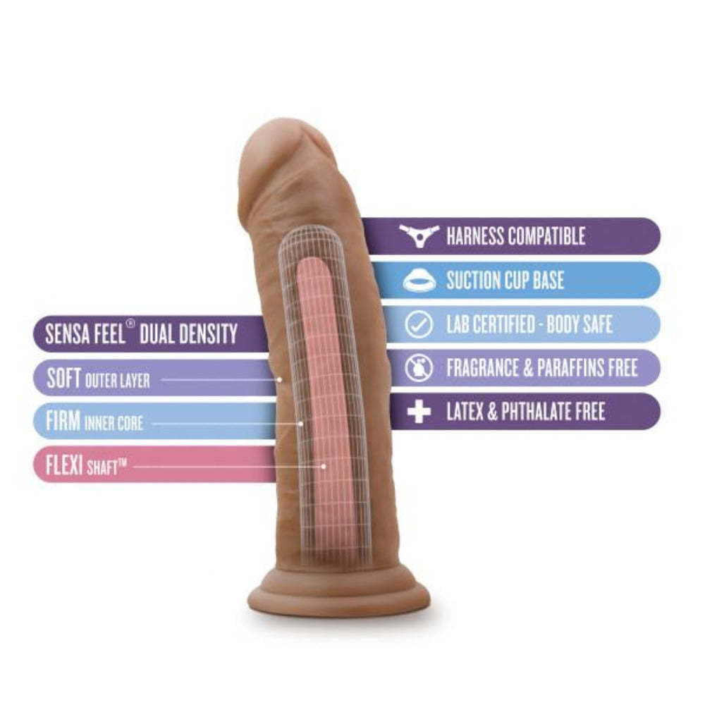 8-inch dual density suction cup dildo in mocha with soft outer layer and firm core.