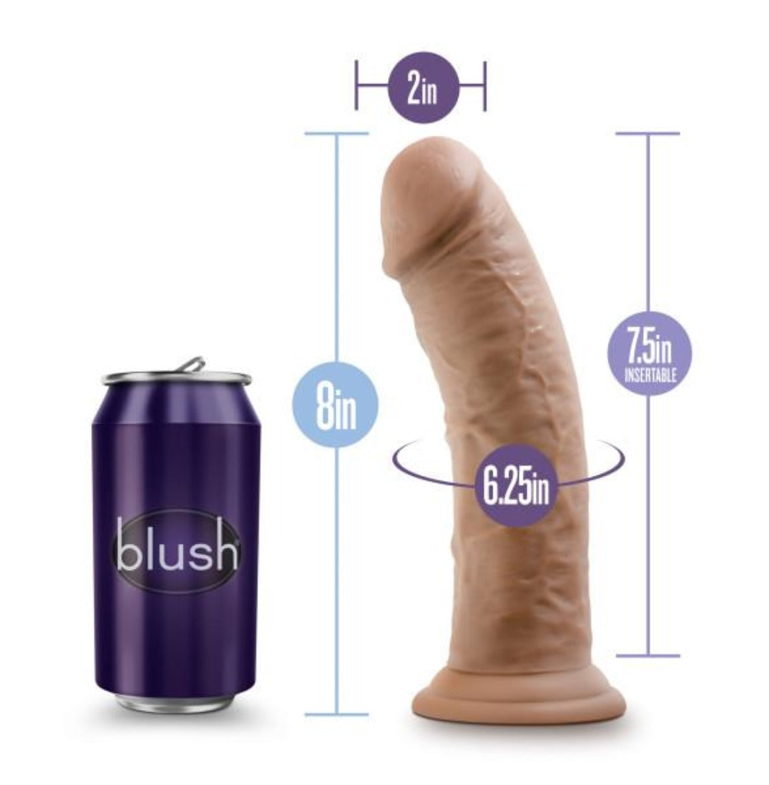8-inch dual density suction cup dildo in mocha with 7.5-inch insertable length and 2-inch width, shown next to a soda can for scale.