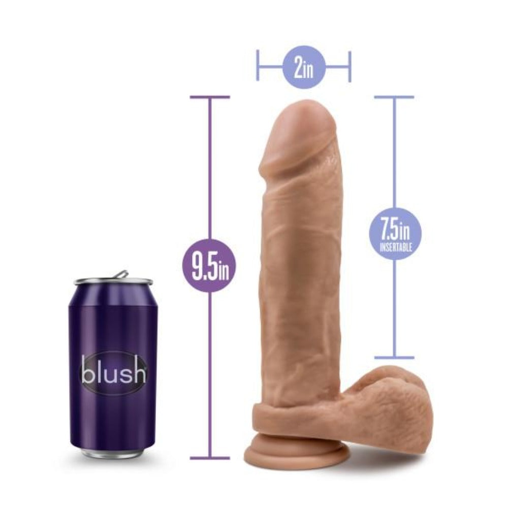 9.5-inch dual density dildo with suction cup in mocha, shown next to soda can for scale.
