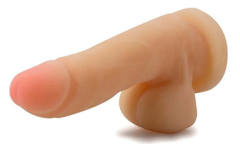 A blush pink, bendable G-spot dildo with realistic texture and suction cup base.