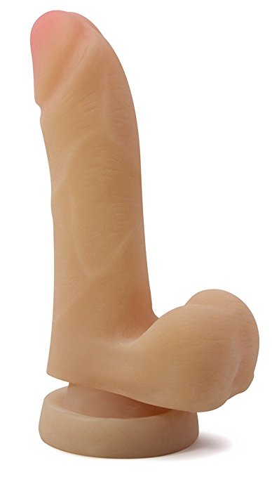 Bendable G-spot dildo with suction cup base in flesh tone.