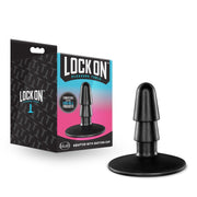 Black Lock On suction cup adapter with a ribbed shaft and wide base.