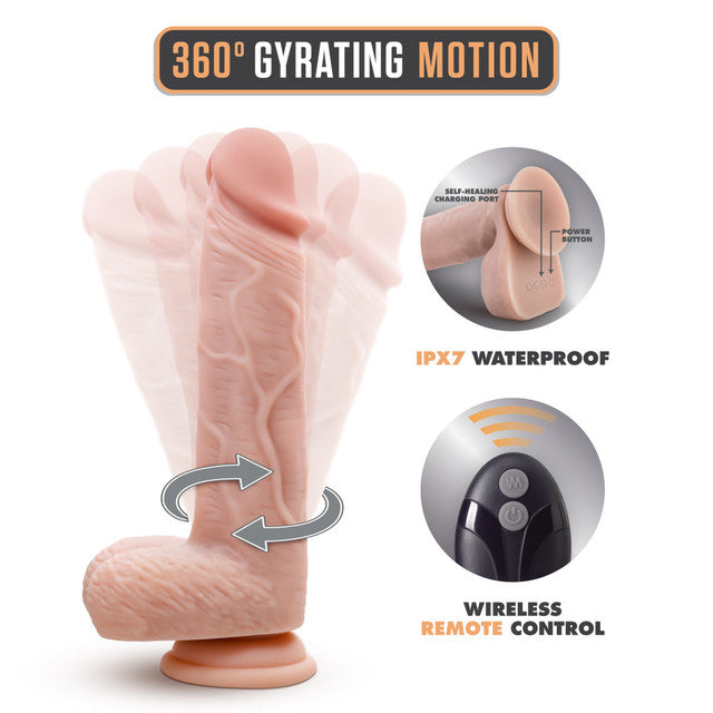 Gyrating silicone dildo with 360-degree motion, IPX7 waterproofing, and wireless remote control.