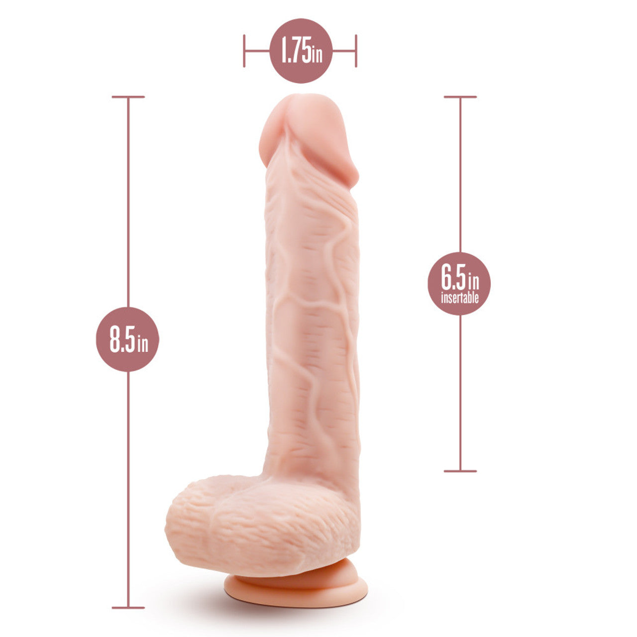 Gyrating silicone dildo with suction base, 6.5 inches insertable length and 1.75 inches width.